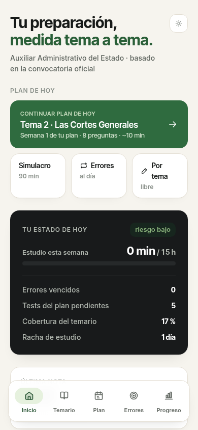Panel diario de OpoMaster con el plan de hoy y tu estado de la semana